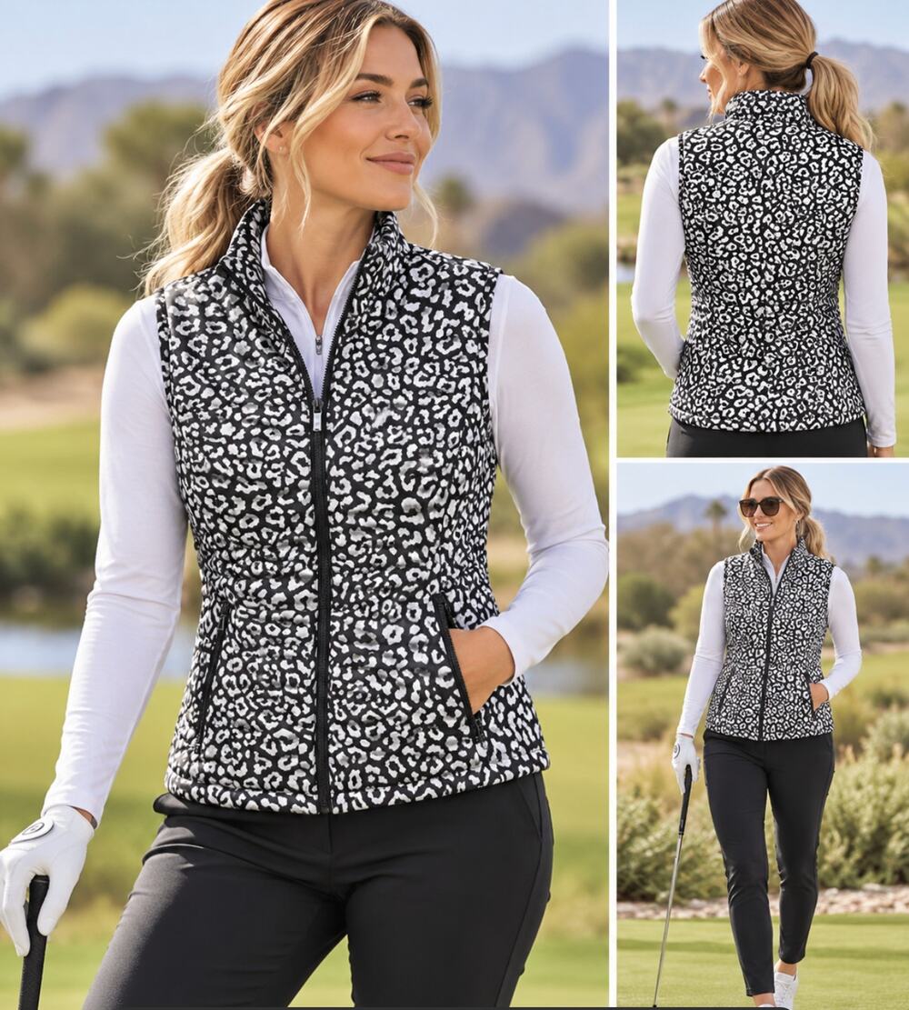 Tail Golf Womens M Animal Print Full Zip Vest Black White Performance Tennis M